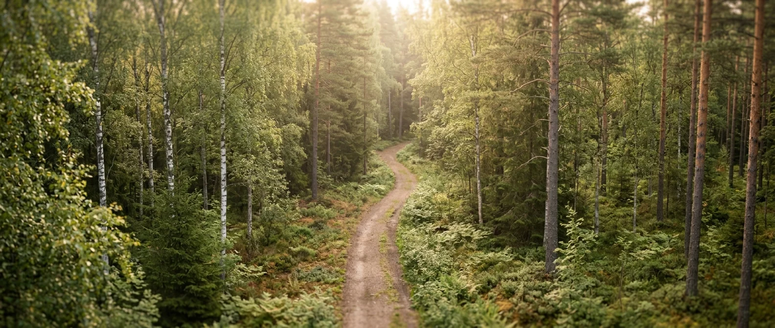 Lugn svensk skog i sommarmorgon
