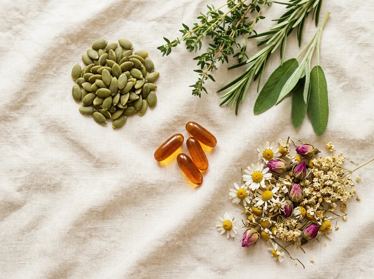 Naturliga ingredienser - zinkrika pumpakärnor och örter